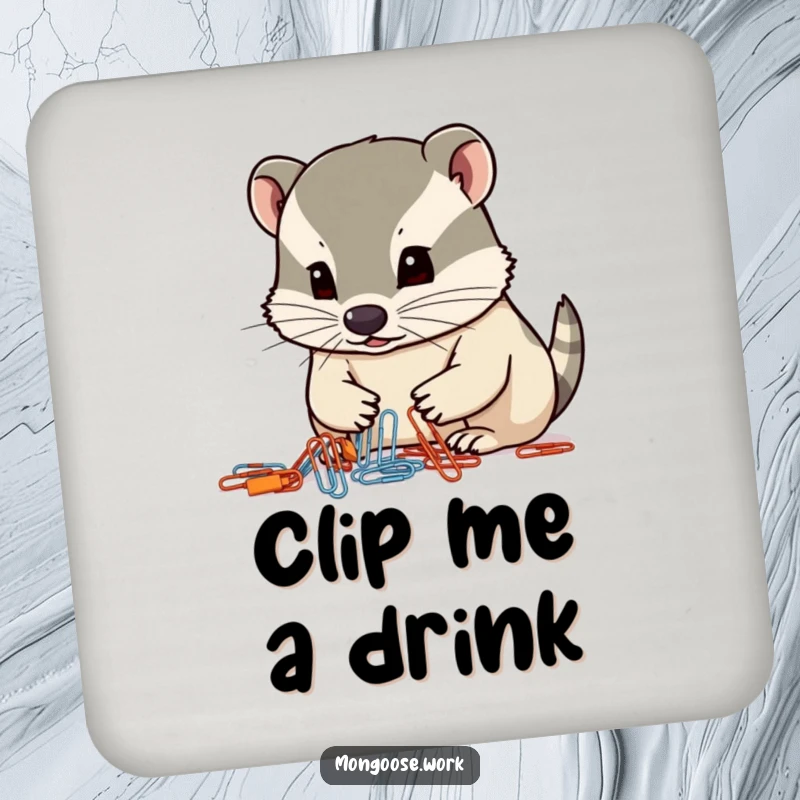 Funny mongoose coaster, a focused mongoose organizing paperclips with its nose, office organization, table protection.