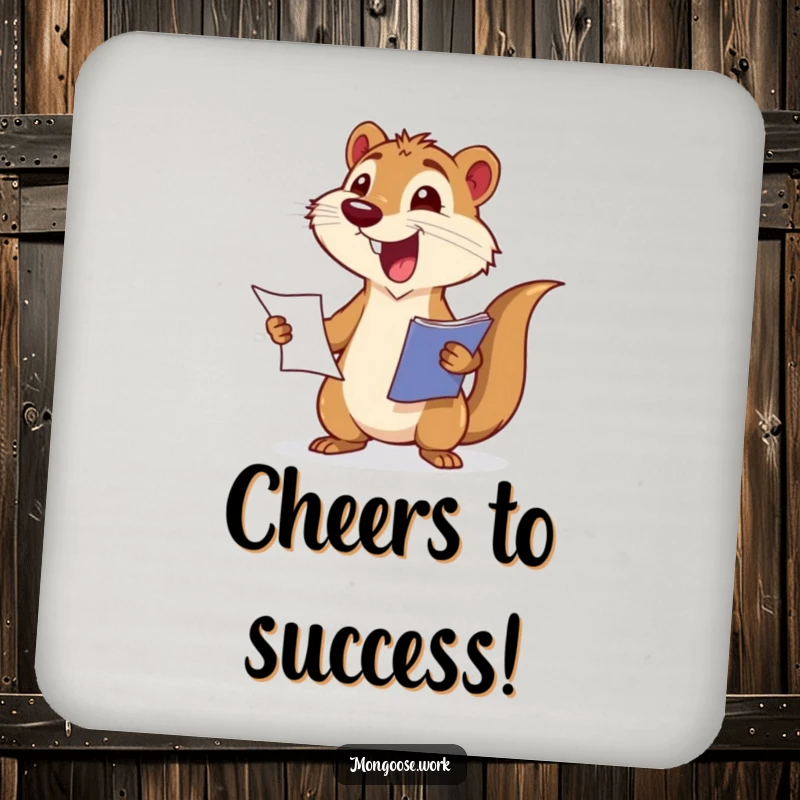 Funny coasters featuring an excited mongoose wagging its tail while presenting a report, protecting surfaces stylishly.