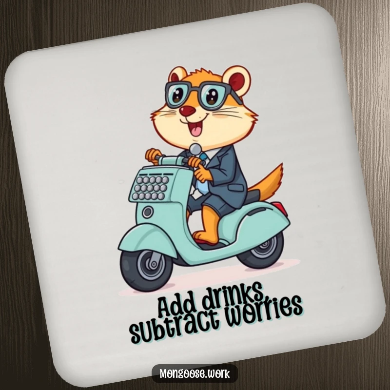 Funny Mongoose Coaster, a mischievous office worker riding an adding machine as a scooter, protecting surfaces with humor.