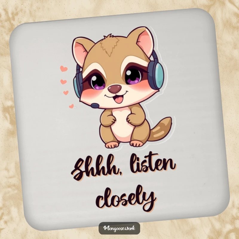 Funny Mongoose spy coaster with a mischievous character in a headset, whispering secrets, protecting surfaces with humor.