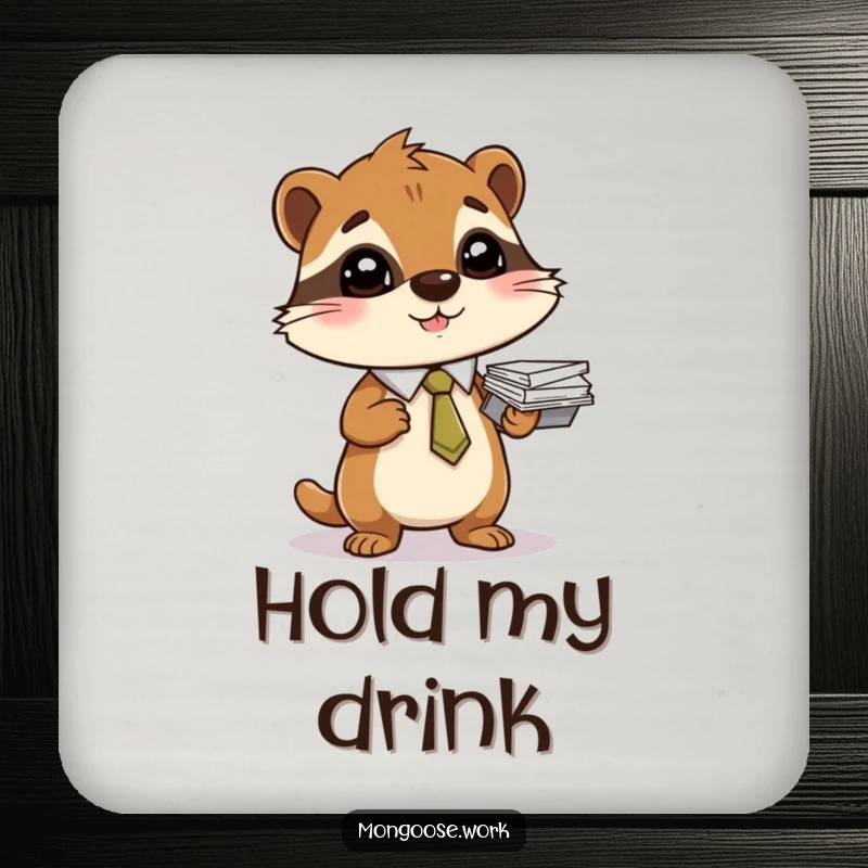 Funny coasters featuring a mongoose in a tie balancing a stack of papers, protecting surfaces stylishly.