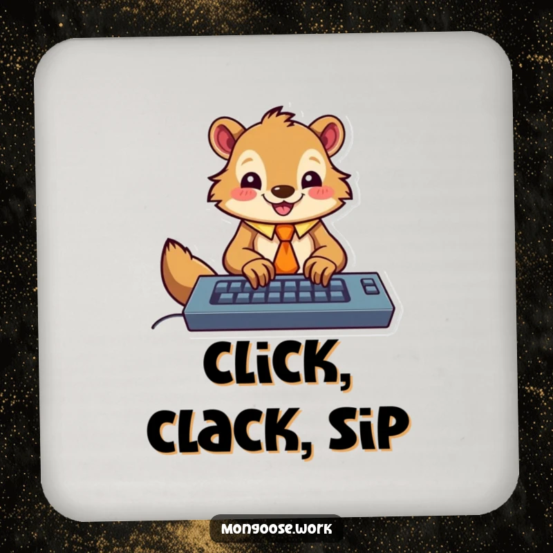 Funny drink coaster with a happy mongoose wearing a tie, enthusiastically typing on a keyboard, offering humorous surface protection.