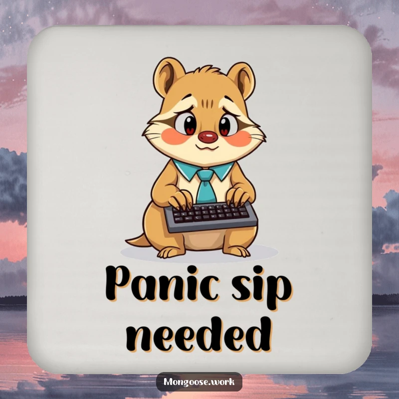 Funny surprised mongoose wearing a tie, frantically typing on a tiny keyboard, on a protective drink coaster.