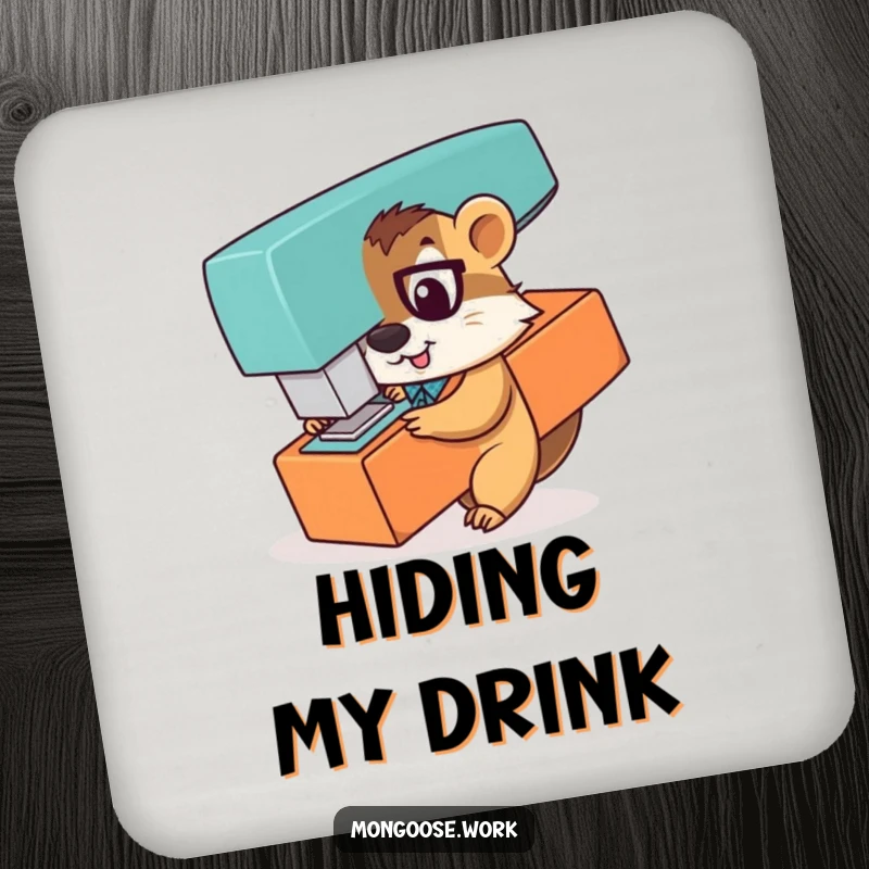 Funny drink coaster depicting a playful mongoose office worker peeking from behind a giant stapler, ready for a game of hide-and-seek.