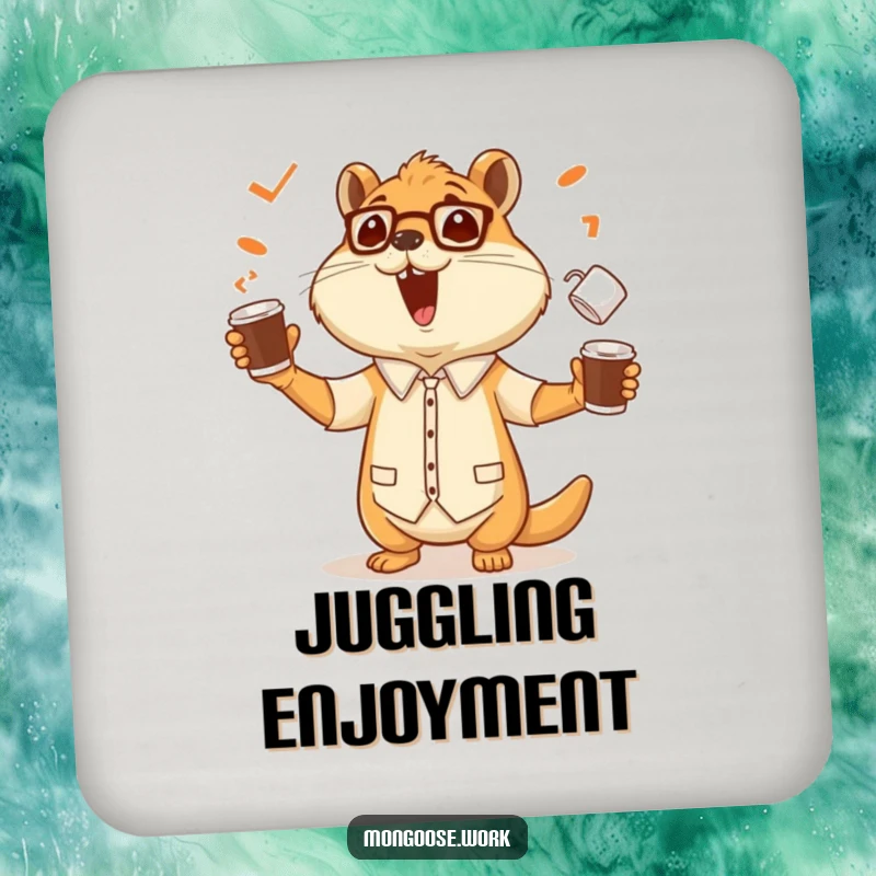 Funny drink coaster depicting a cheerful mongoose office worker skillfully juggling coffee cups, showcasing impressive balance and coordination.
