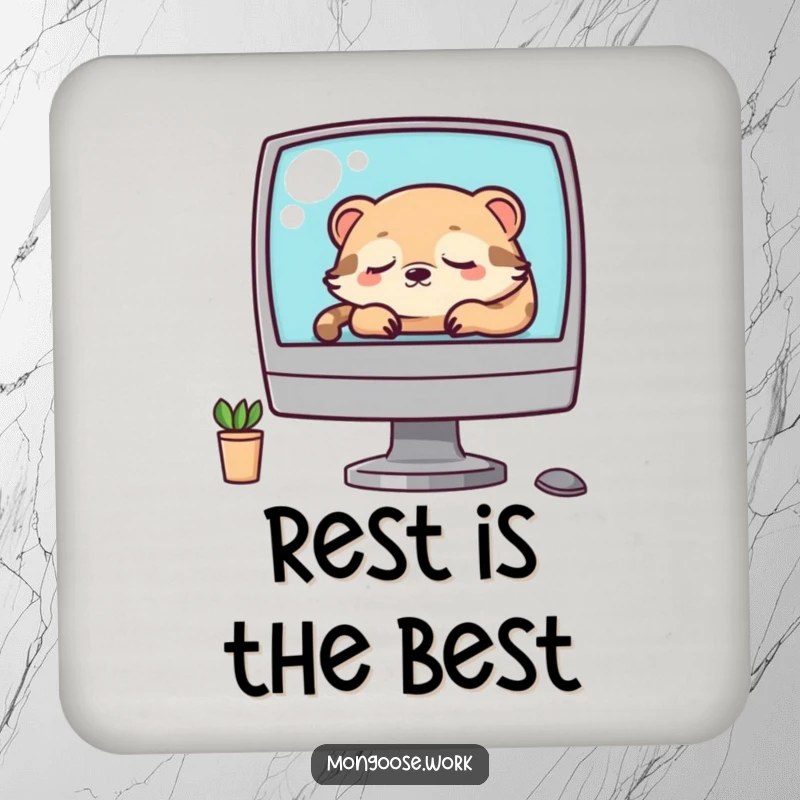 Funny Kawaii mongoose character sleeping on a computer, featured on a drink coaster, providing humorous surface protection.
