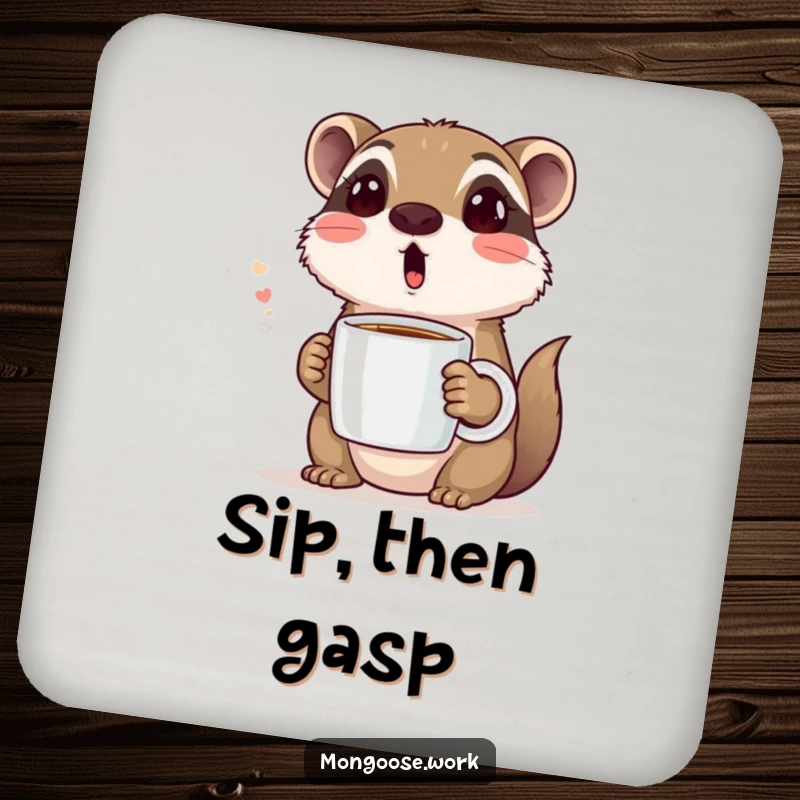 Funny drink coaster with a cute mongoose making a surprised face while holding a coffee mug, offering a humorous touch to table protection.