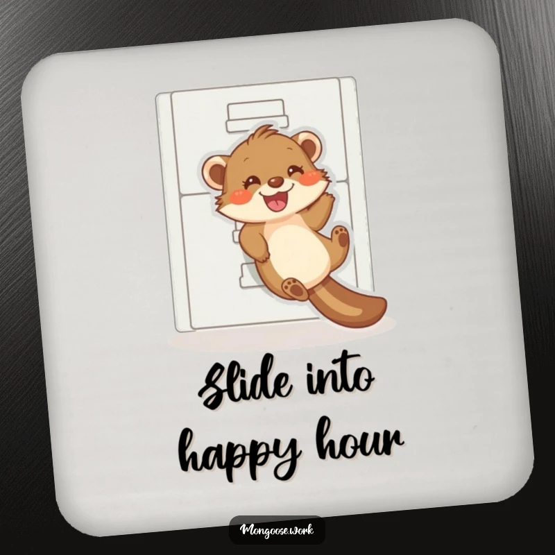 Funny mongoose coaster, a playful mongoose sliding down a filing cabinet, office humor, table protection.