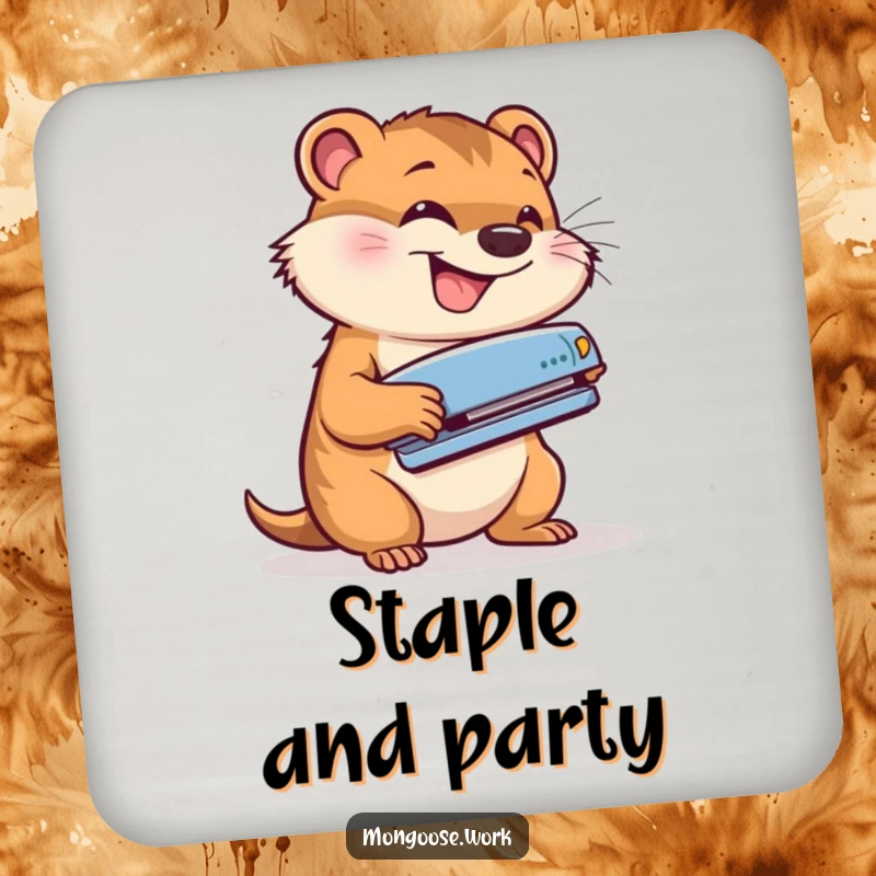 Funny drink coaster with a cute mongoose energetically using a stapler with a grin, offering a humorous touch to table protection.