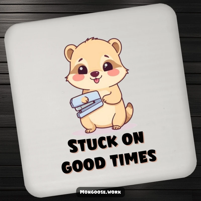 Funny drink coaster featuring a cute mongoose character stapling a paper, adding office charm to any surface.