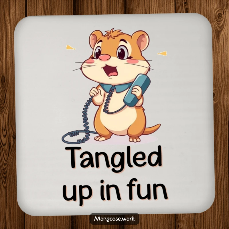 Funny drink coaster depicting a surprised mongoose office worker tangled in a phone cord, looking comically bewildered and stuck.