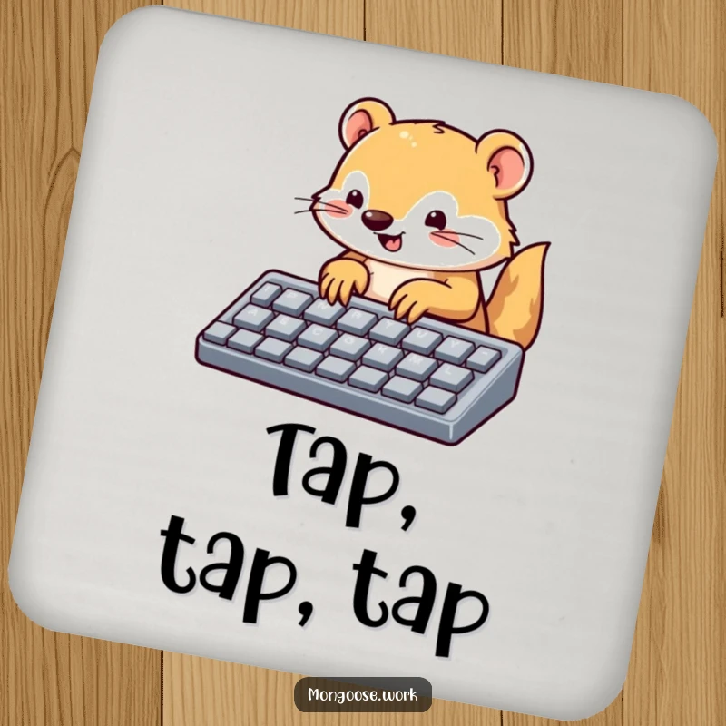 Funny mongoose coaster, a cute mongoose typing on a large keyboard, ideal for protecting surfaces with tech-themed humor.