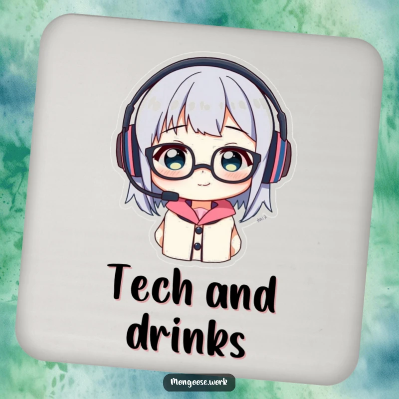 Funny Coaster: Character comically wearing headset and glasses, adding a humorous tech touch to drink protection.