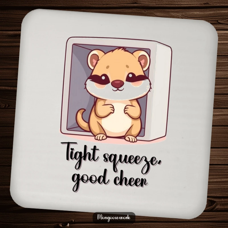Funny Kawaii mongoose character trying to fit into a small cubicle, featured on a drink coaster, providing humorous surface protection.