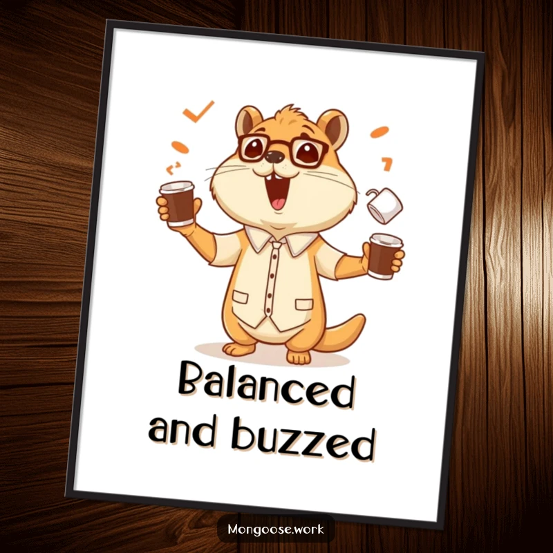 Funny poster of a cheerful mongoose office worker skillfully juggling multiple coffee cups with impressive balance and a big smile.