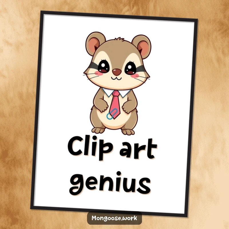 Funny Kawaii mongoose poster art, a mischievous character wearing a tie made of paperclips, office decor and humor.