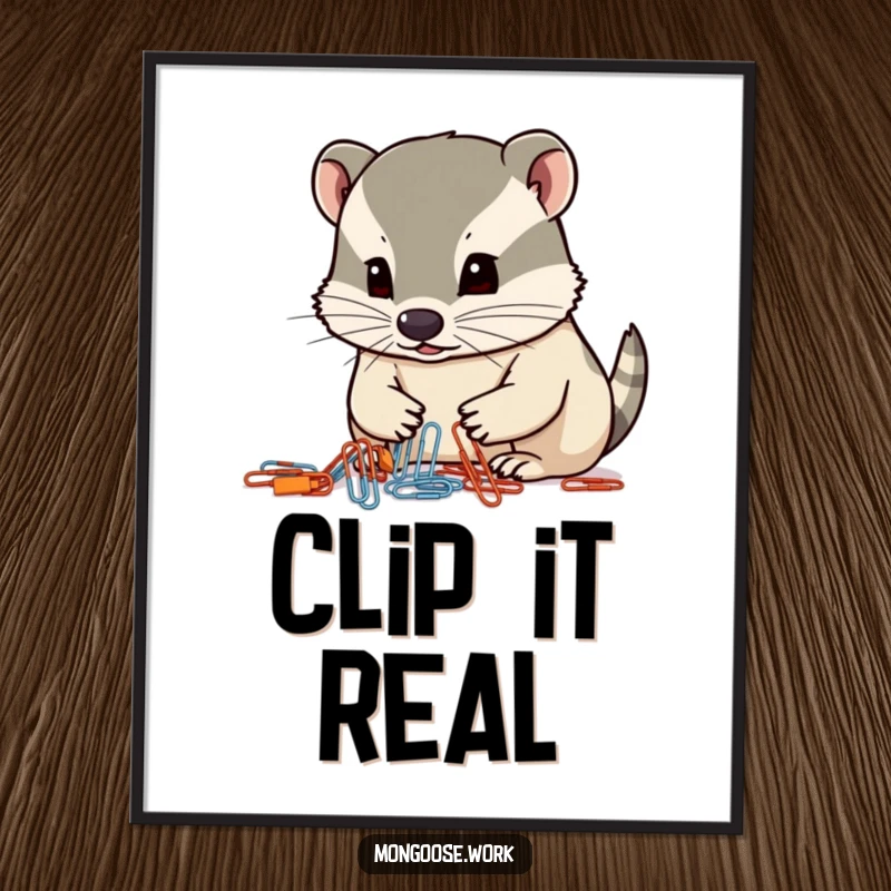 Funny mongoose poster, a mongoose focused on organizing paperclips with its nose, office decor humor.
