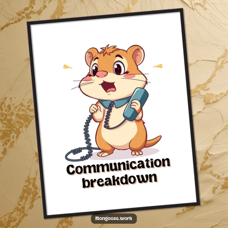 Funny poster illustrating a bewildered mongoose office worker caught in a chaotic tangle of a vintage phone cord, eyes wide with surprise.