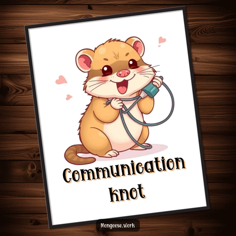 Funny poster art of a cute mongoose comically tangled in a phone cord, perfect for adding humorous and relatable tech-themed wall decor.
