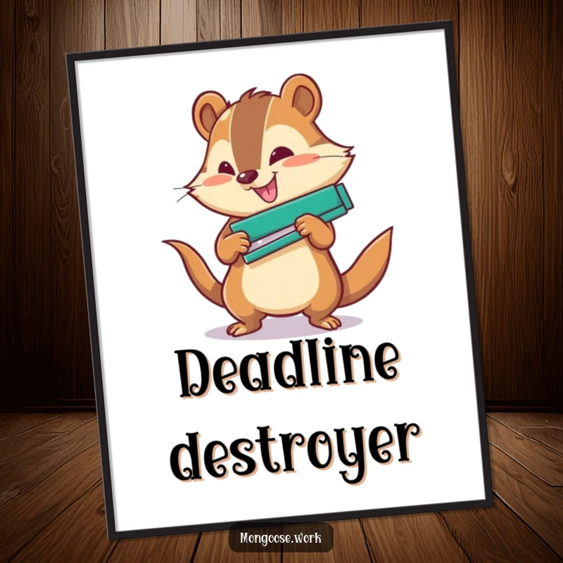 Funny Office Poster: A cheerful mongoose character using a stapler with great force, symbolizing work ethic.