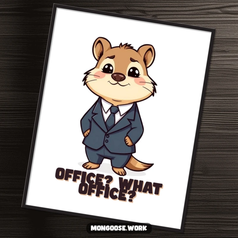 Funny Business Mongoose Poster: A confused mongoose wearing a business suit, printed to add a splash of office humor to any wall, a funny gift.