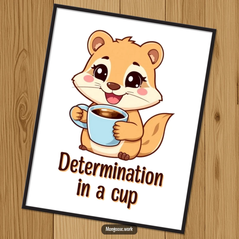 Funny poster showcasing a joyful mongoose character holding a coffee cup with a wide smile, looking determined, adding motivational humor decor.