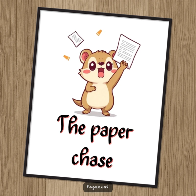 Funny Kawaii mongoose poster art, showing a surprised mongoose comically dodging a flying document, adding humorous office charm.