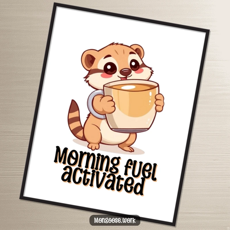 Funny Mongoose Poster: A wide-eyed mongoose adorably clutching an oversized coffee mug, a humorous celebration of coffee time.
