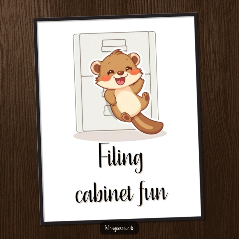 Funny mongoose poster, a happy mongoose sliding down a filing cabinet, office wall art, joyous humor.