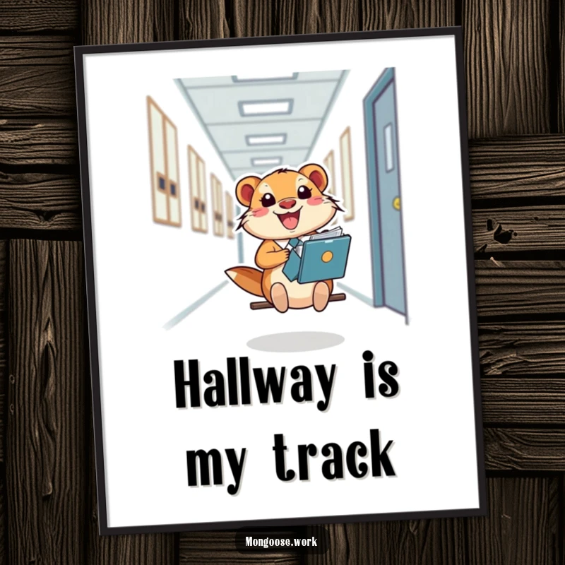 Funny Mongoose Poster, a happy office worker joyfully sliding down a hallway on a file folder, bringing fun to decor.