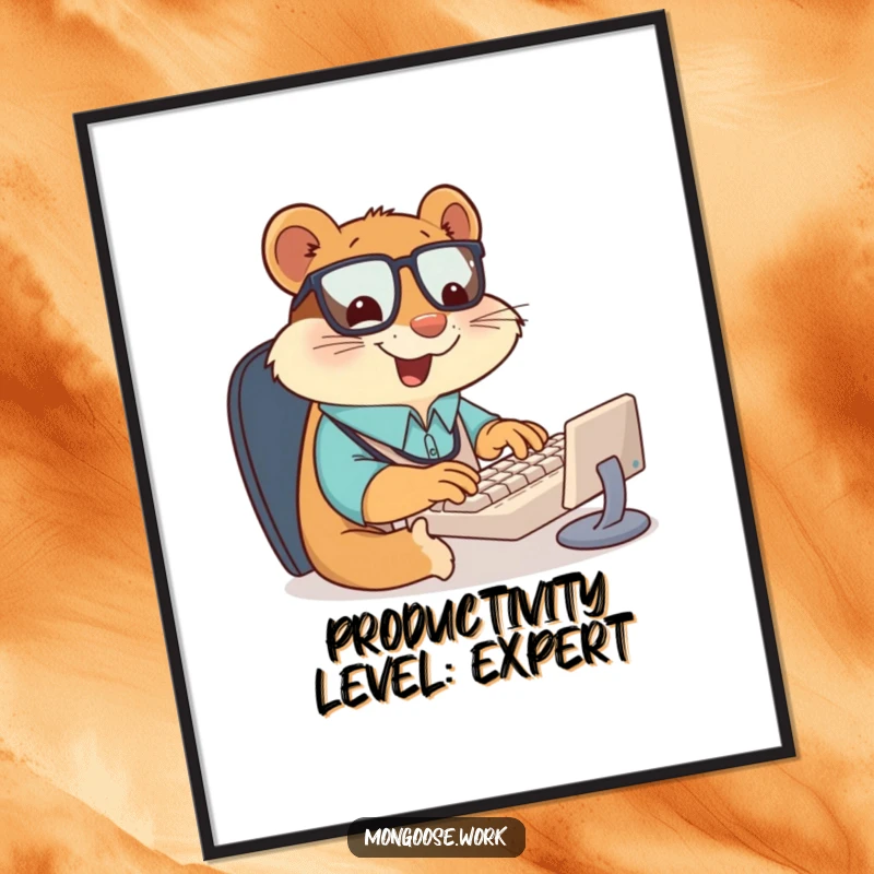 Funny poster showing a giddy mongoose office worker intensely typing on a tiny keyboard, surrounded by office supplies, capturing a moment of joyful chaos.