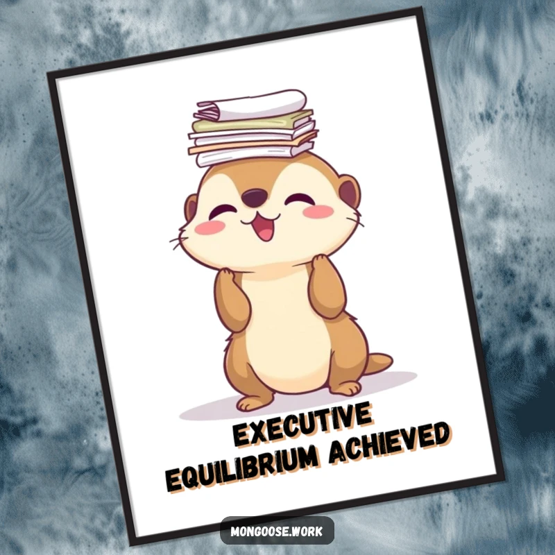 Funny Poster: a cute mongoose with a stack of papers balanced on its nose, radiating joy and humor for wall decor.