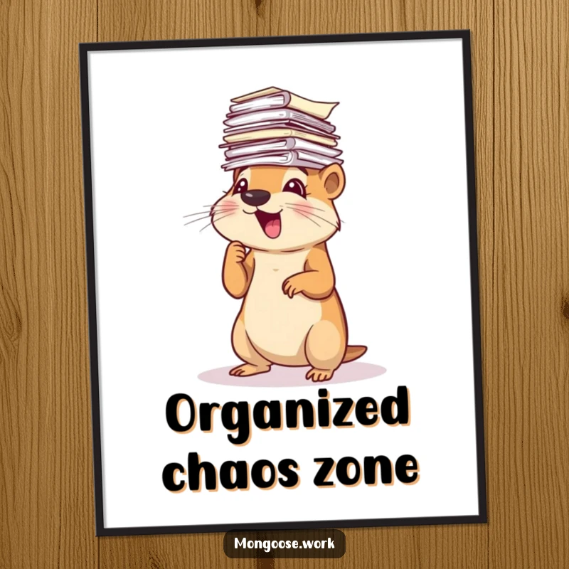 Funny Mongoose Poster: A determined mongoose buried in a huge, teetering stack of papers, conveying office pandemonium humorously.