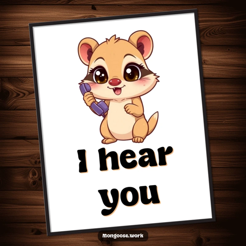 Funny Mongoose Poster: Excited mongoose characer with focused eyes answers a ringing phone, a humorous piece of art for any wall.