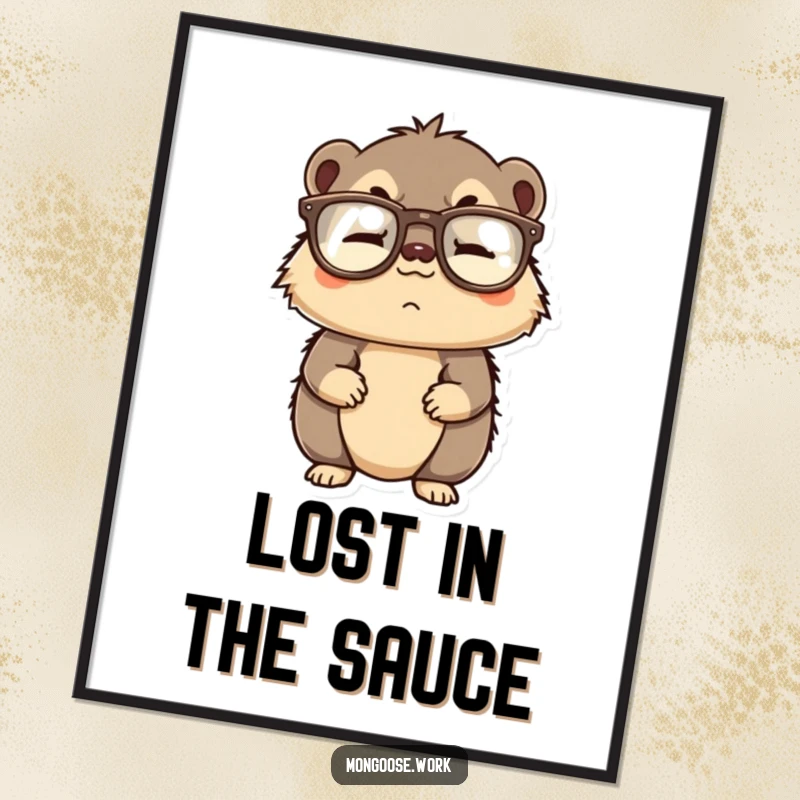 Funny poster art of a confused mongoose character wearing reading glasses upside down, adding a humorous accent.