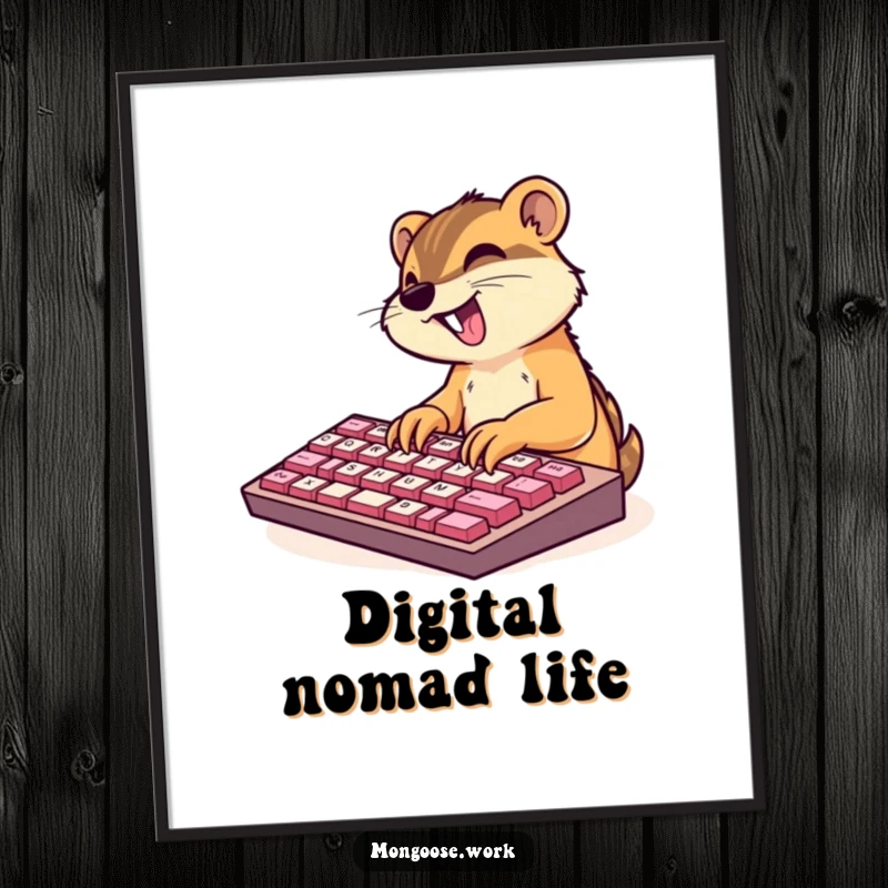 Funny poster showing a cute mongoose character excitedly typing on an oversized keyboard, symbolizing communication and speed.