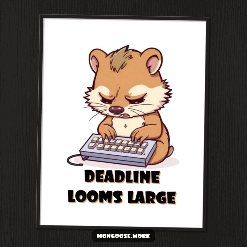 Funny poster of a stressed mongoose furiously typing on a miniature keyboard, perfect for office decor.