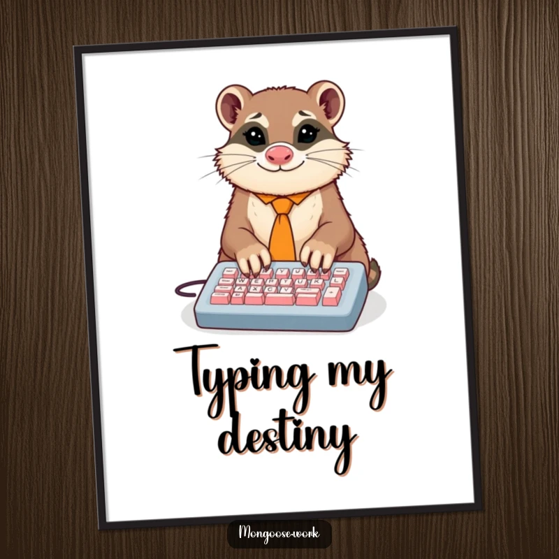 Funny poster art of a dapper mongoose in a tie comically typing on a tiny keyboard with multiple paws, perfect for office decor.