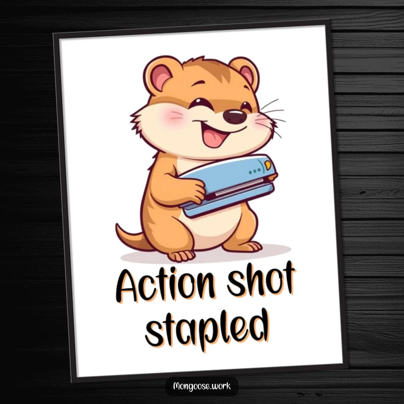 Funny poster art of a cute mongoose energetically using a stapler with a grin, perfect for adding a humorous and motivational office theme.