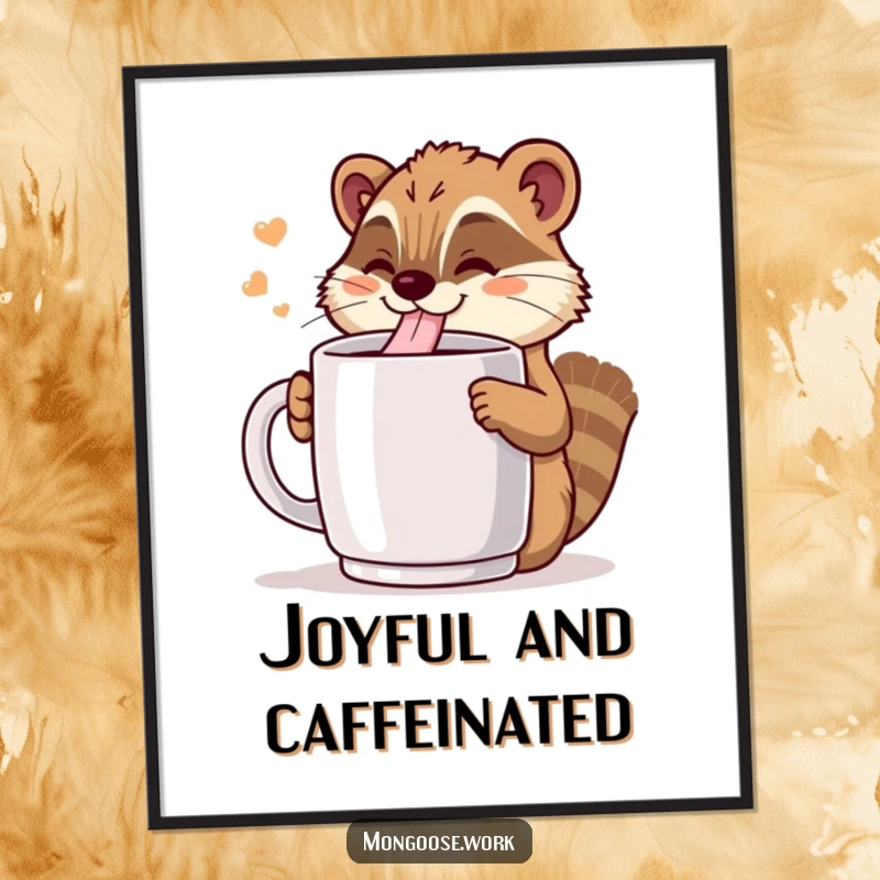 Funny Kawaii mongoose character happily drinking from a giant coffee mug, displayed as a humorous wall poster for coffee lovers.