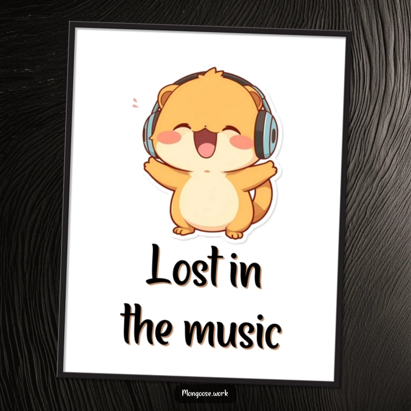 Funny Mongoose Poster: A mongoose headbanging with headphones, creating a lively and fun visual.