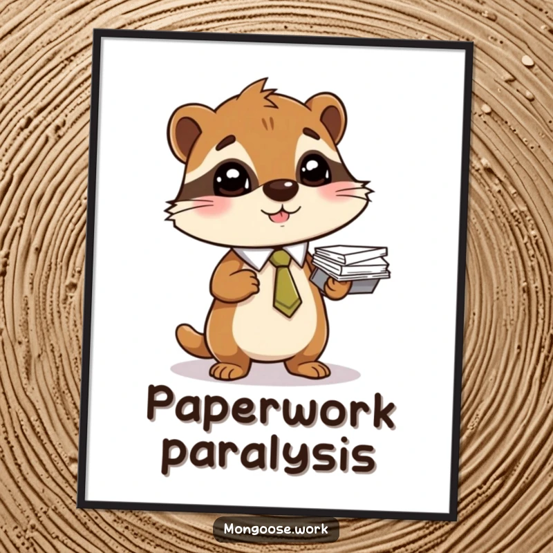 Funny poster of a mongoose wearing a tie, balancing a large stack of papers. Office charm.