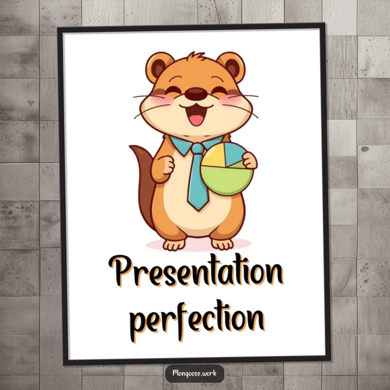 Funny Mongoose poster, wearing tie, presenting pie chart, cute business art, excellent funny gift.