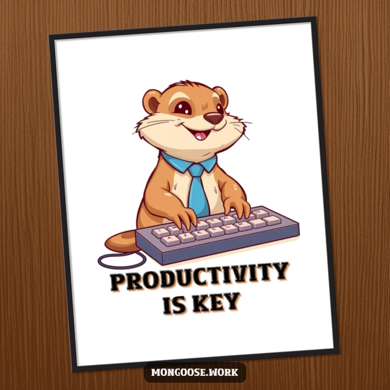 Funny mongoose in a tie enthusiastically typing on a keyboard with a smile, as professional wall art on a poster.