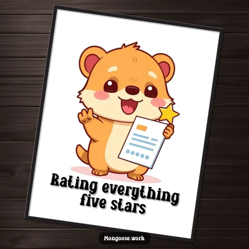 Funny Kawaii mongoose giving a report a perfect star rating, displayed as a humorous and inspiring wall poster.