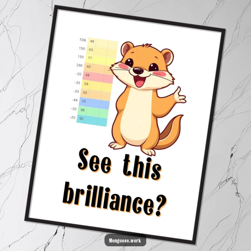 Funny mongoose enthusiastically pointing to a bright, colorful chart on a poster, adding motivational comedic art to a space.