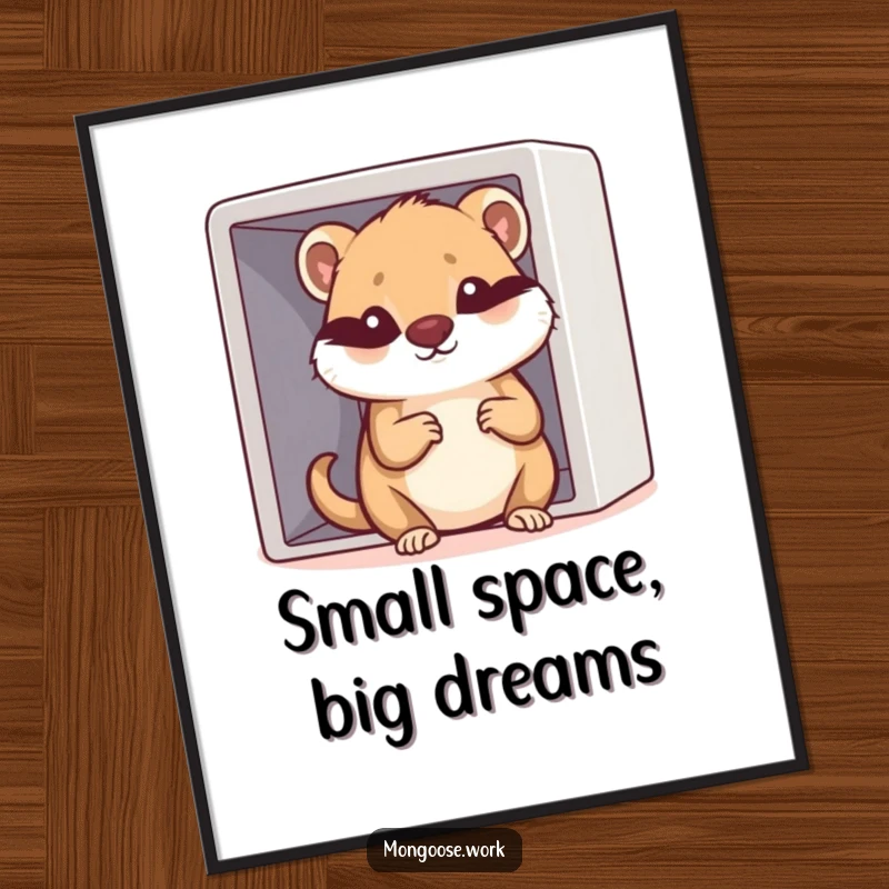 Funny Kawaii mongoose character squeezing into a tiny cubicle, displayed as a humorous wall poster for office decor.