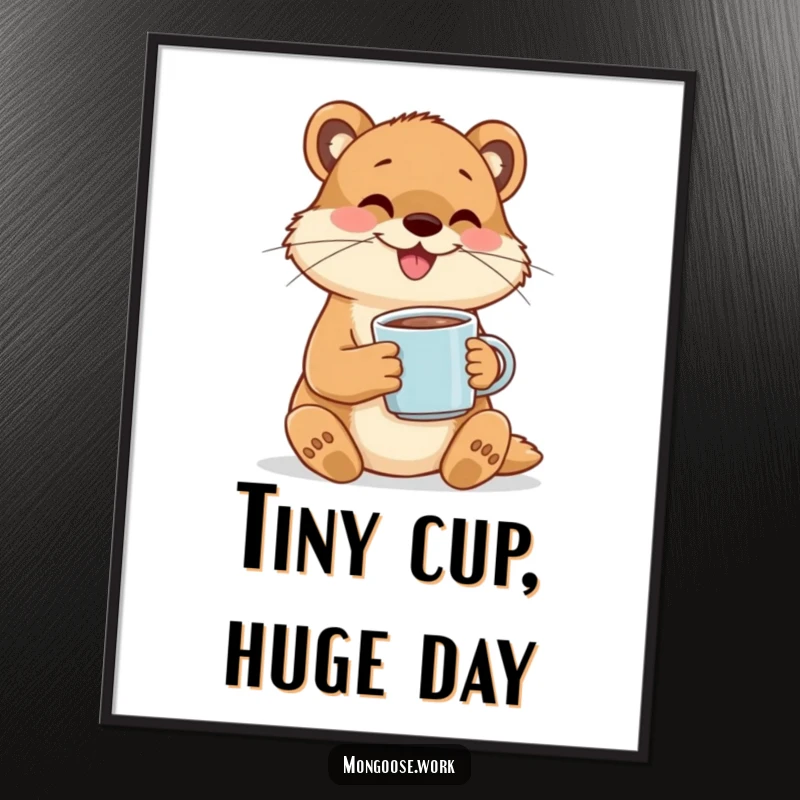 Funny poster showing a happy mongoose character cheerfully sipping coffee from a tiny mug, symbolizing morning bliss.
