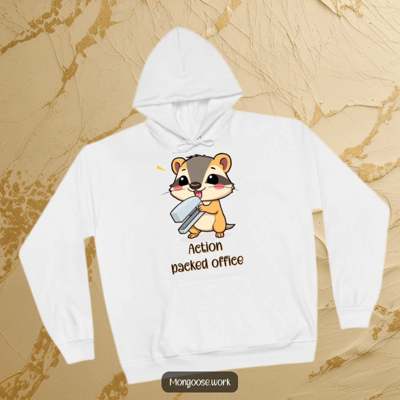 Funny mongoose executing a dramatic stapler slam with flair on a soft hoodie, exuding comedic office power.