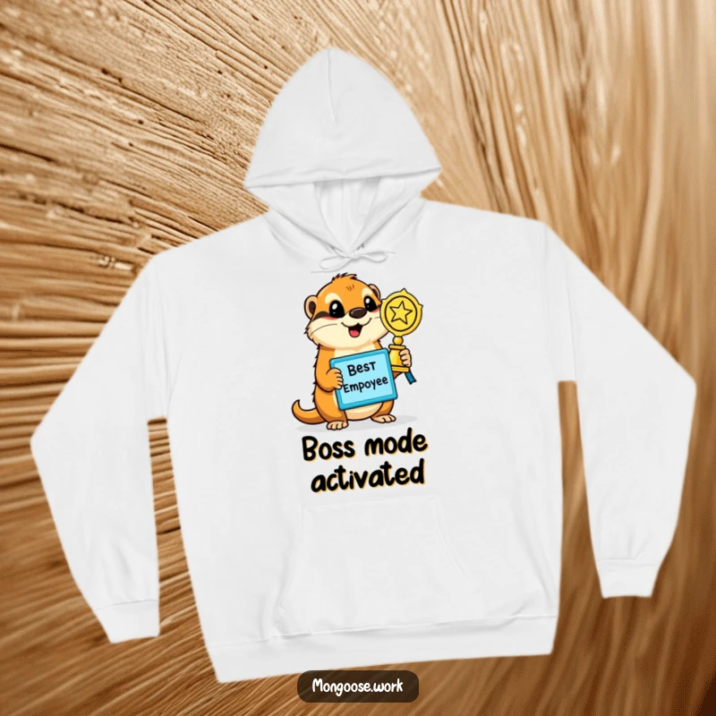 Funny Mongoose Hoodie, depicting a victorious mongoose triumphantly holding a shining 'Best Employee' award, embodying workplace achievement.